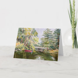 Red Boat in Mountain Lake Aquarell Angelkarte Dankeskarte