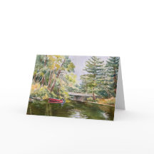 Red Boat in Mountain Lake Aquarell Angelkarte