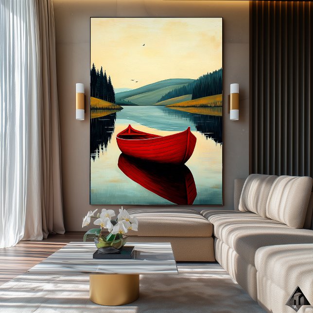 Red Boat Reflection - Naïf Serene Lake Art Poster (Von Creator hochgeladen)