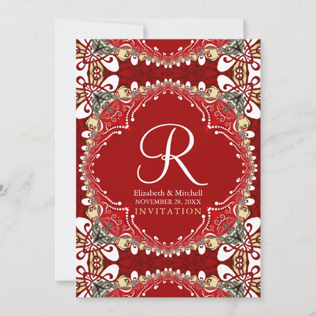 Red Bohemisch Batik Monogram Wedding 12x18 Einladung (Vorderseite)