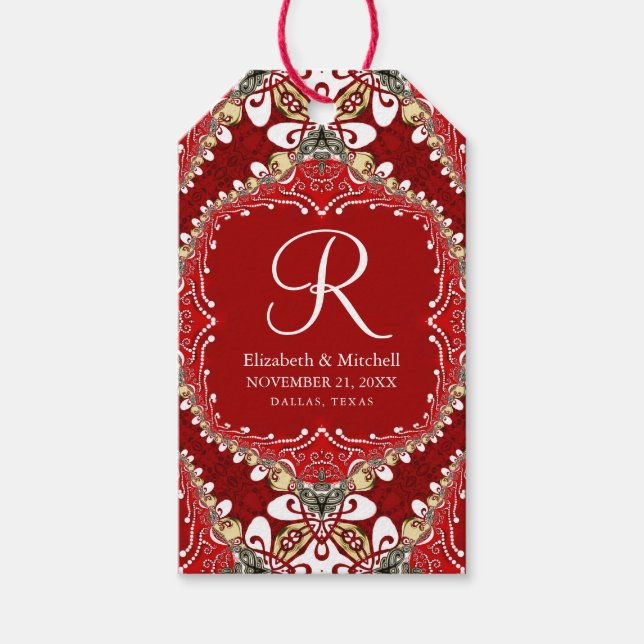 Red Bohemisch Batik Monogram Wedding Geschenkanhänger (Vorderseite)