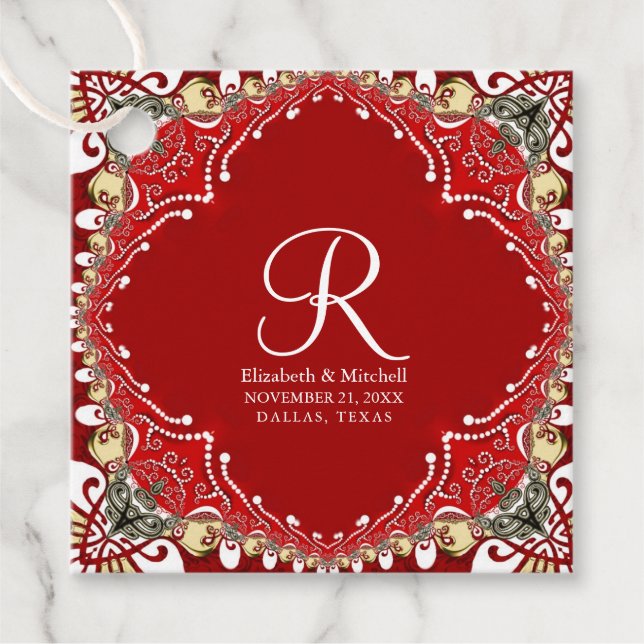 Red Bohemisch Batik Monogram Wedding Geschenkanhänger (Vorderseite)