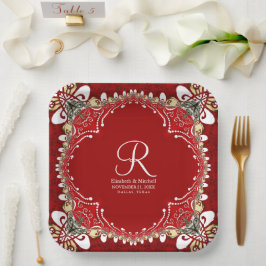 Red Bohemisch Batik Monogram Wedding Pappteller