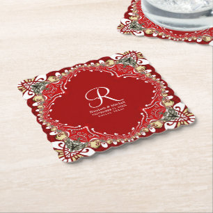 Red Bohemisch Batik Monogram Wedding Untersetzer