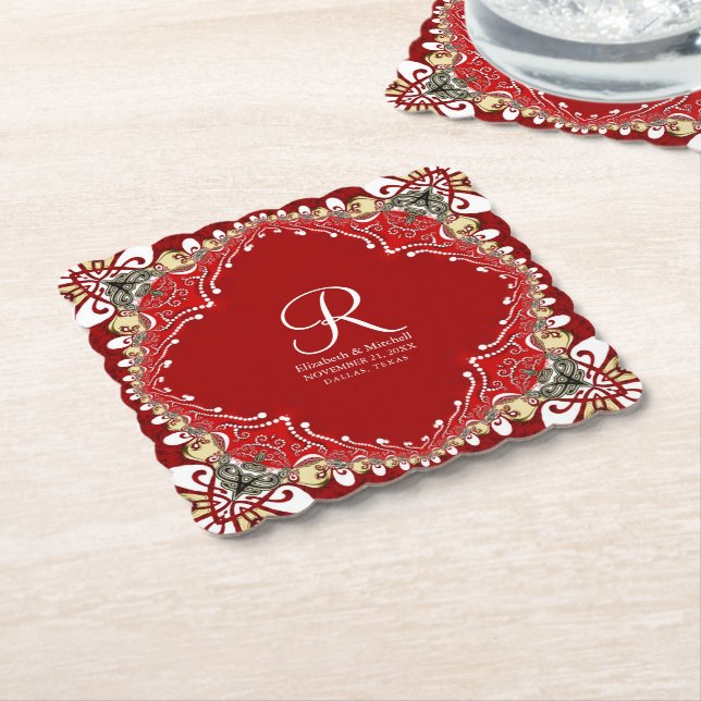 Red Bohemisch Batik Monogram Wedding Untersetzer (angewinkelt)