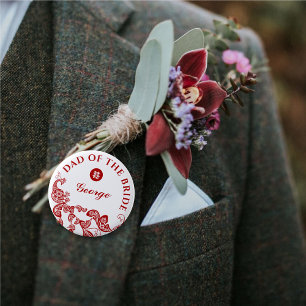 Red Boho Peacock Asian Wedding Father of the Bride Button