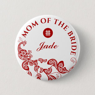 Red Boho Peacock Asian Wedding Mother of the Bride Button