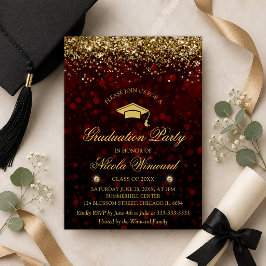 Red Bokeh & Gold Glitzer Graduation Party Einladung