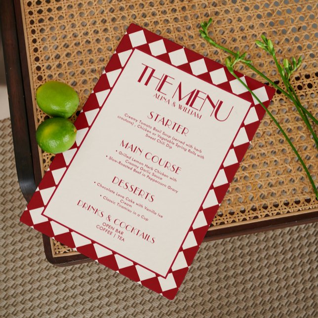 Red Bold Funky Retro Checkerboard Wedding Menu Menükarte (Von Creator hochgeladen)