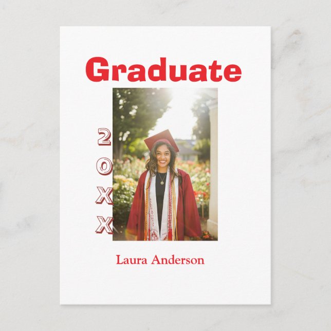 Red bold photo graduation add name class text postkarte (Vorderseite)