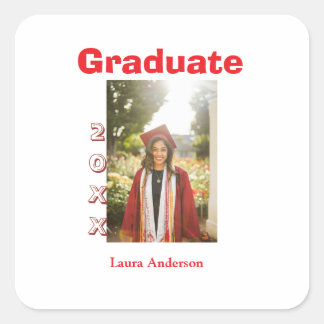 Red bold photo graduation add name class text quadratischer aufkleber