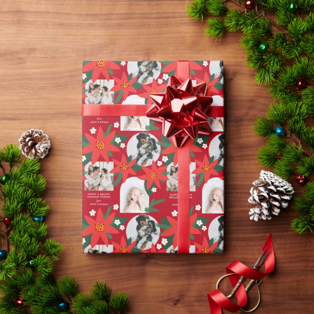 Red Bold Poinsettia Drei Fotos Weihnachtsfeiertag Geschenkpapier (Feiertagsgeschenk)