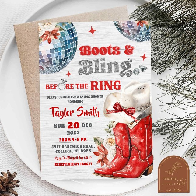 Red Boots und Bling Disco Weihnachts-Brautparty Einladung (Von Creator hochgeladen)