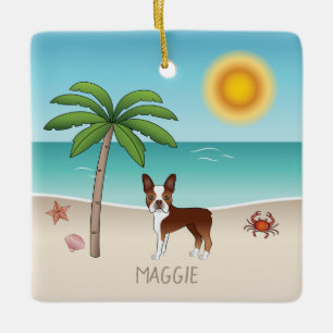 Red Boston Terrier an einem tropischen Sommerstran Keramikornament