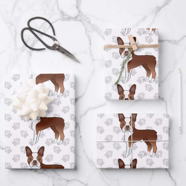 Red Boston Terrier Cartoon Dog Pattern & Grey Paws Geschenkpapier Set (Vorderseite)
