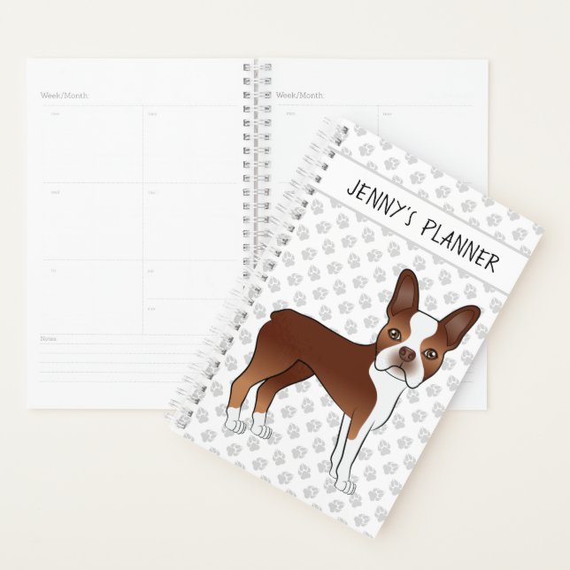 Red Boston Terrier Cartoon Dog & Your Custom Title Planer (Anzeige)