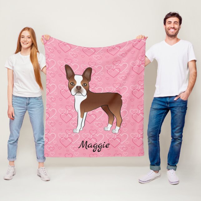 Red Boston Terrier Hund auf rosa Herzen und Name Fleecedecke (Beispiel)