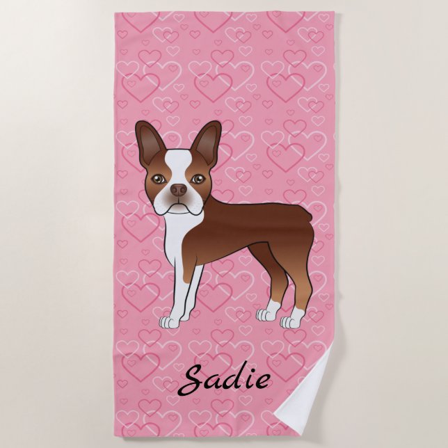 Red Boston Terrier Hund auf rosa Herzen und Name Strandtuch (Vorderseite)