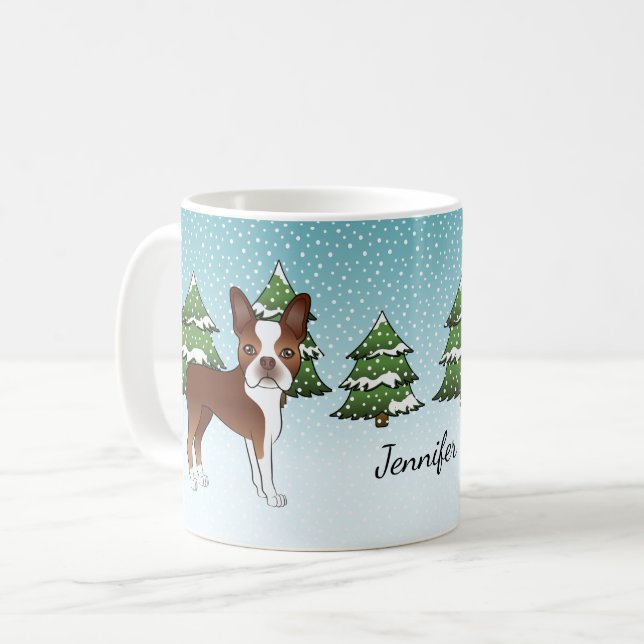Red Boston Terrier in einem Winterwald & Name Kaffeetasse (Vorderseite Links)