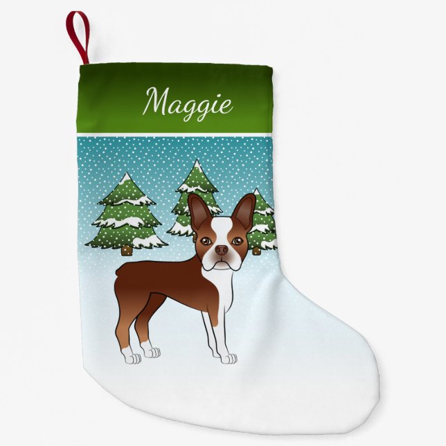 Red Boston Terrier in einem Winterwald & Name Kleiner Weihnachtsstrumpf (Vorderseite)