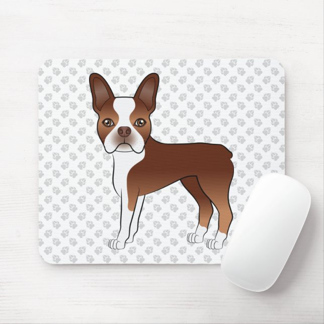 Red Boston Terrier Niedlich Cartoon Dog Zeichn & P Mousepad (Mit Mouse)