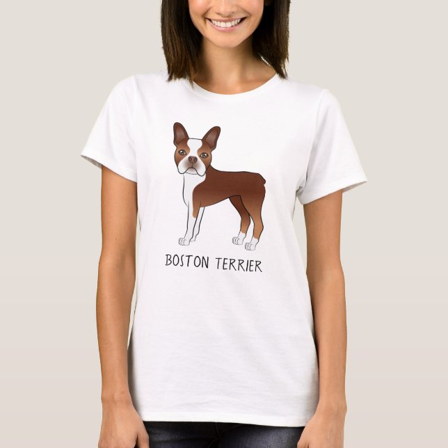 Red Boston Terrier Niedlicher Cartoon Dog & Custom T-Shirt (Vorderseite)