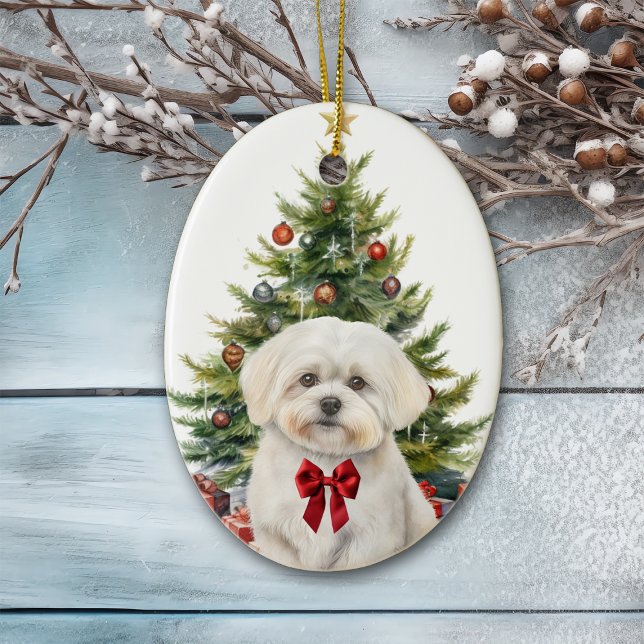 Red Bow Adorable Maltese Dog Weihnachten Keramik Ornament (Von Creator hochgeladen)