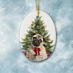 Red Bow Adorable Mops Dog Weihnachten Keramik Ornament