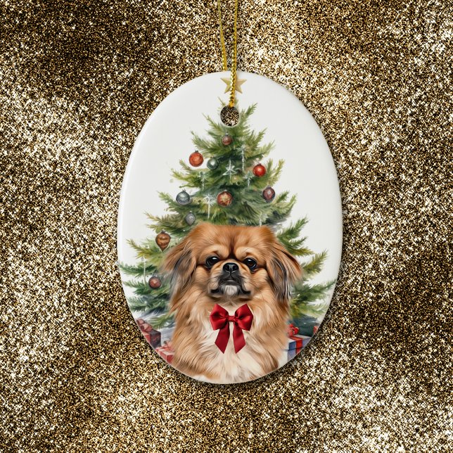 Red Bow Adorable Pekingese Dog Weihnachten Keramik Ornament (Von Creator hochgeladen)