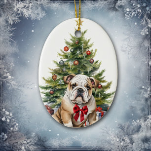 Red Bow Adortable Bulldog Weihnachten Keramik Ornament