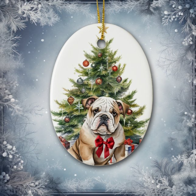 Red Bow Adortable Bulldog Weihnachten Keramik Ornament (Von Creator hochgeladen)