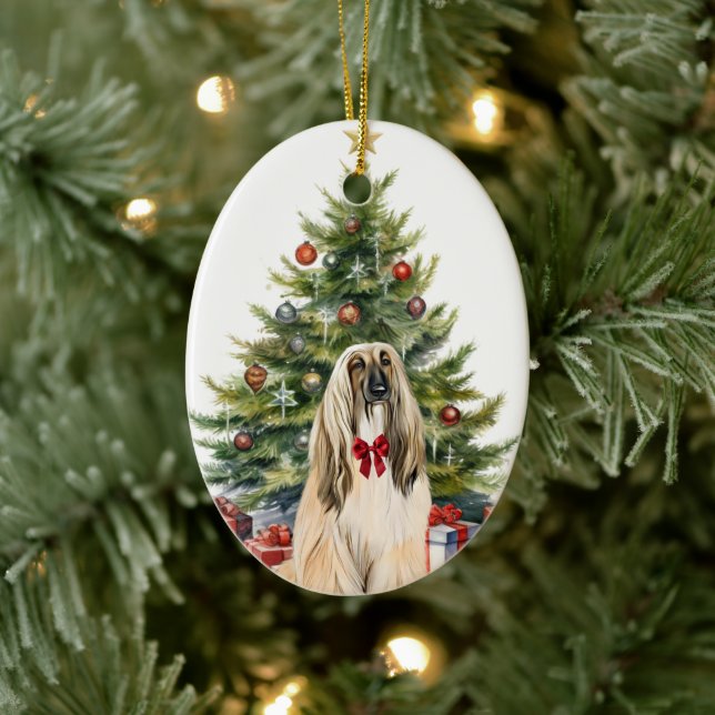 Red Bow Afghan Hound Dog Weihnachten Keramik Ornament (Baum)