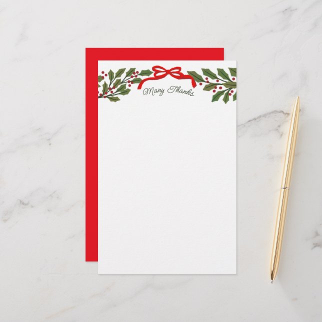 Red Bow and Holly Garland Christmas Stationery Briefpapier (Vorderseite/Rückseite Beispiel)