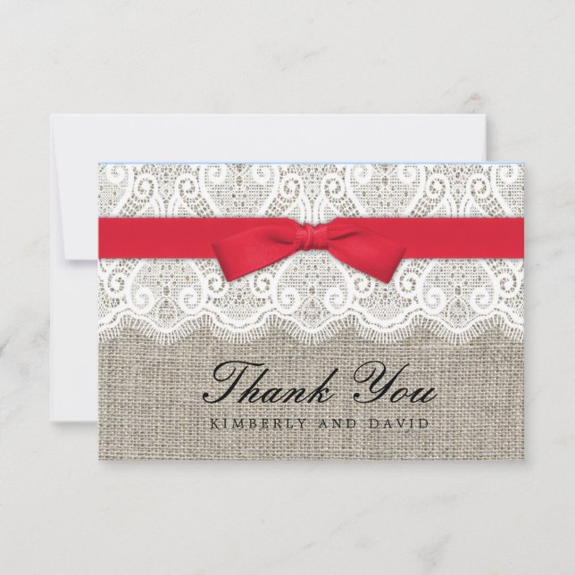 Red Bow and Lace Wedding Dankeschön Card Dankeskarte (Vorderseite)