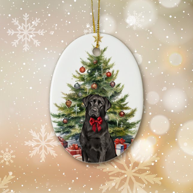 Red Bow Black Labrador Retriever Keramik Ornament (Von Creator hochgeladen)