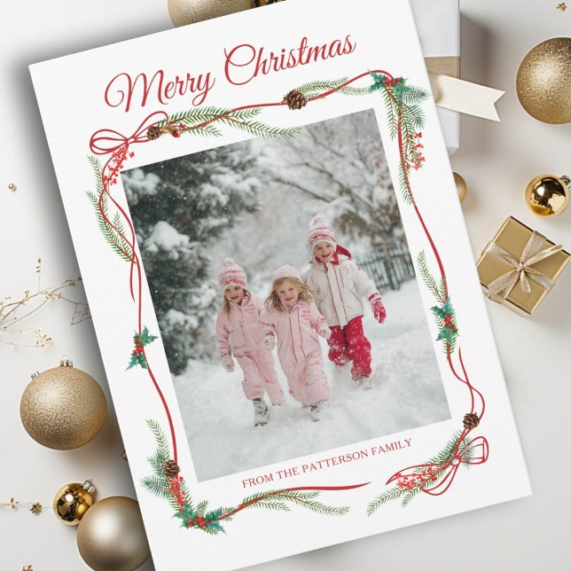 Red Bow Border -1 Foto Weihnachten (Festive Red Bow Border -1 Photo White Christmas Holiday Card)
