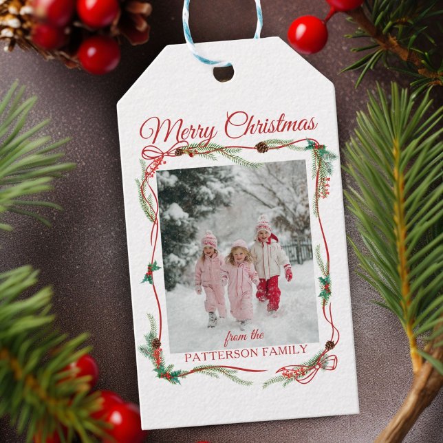 Red Bow Border -1 Foto Weihnachten Geschenkanhänger (Festive Red Bow Border -1 Photo White Christmas Gift Tags)