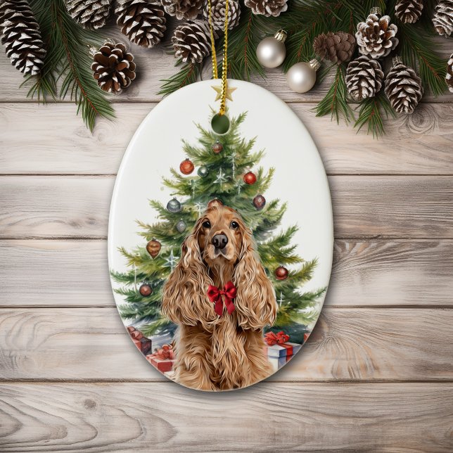 Red Bow Buff Cocker Spaniel Dog Weihnachten Keramik Ornament (Von Creator hochgeladen)
