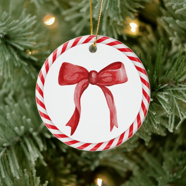 Red Bow Candy Cane Niedlich einzigartiges Weihnach Keramik Ornament (Baum)