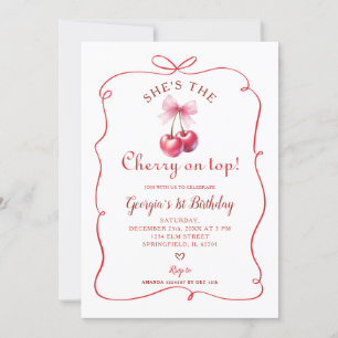 Red Bow Cherry auf Top Girl's First Birthday Einladung