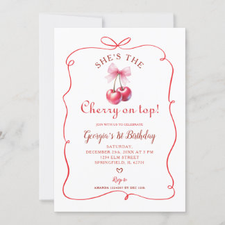 Red Bow Cherry auf Top Girl's First Birthday Einladung
