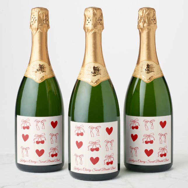 Red Bow Cherry Sweet Brautparty Champagne Label (Flaschen)