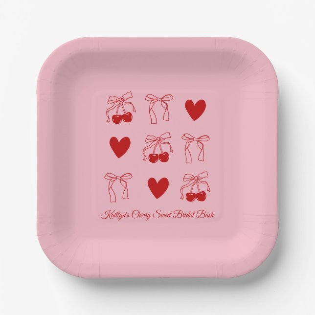 Red Bow Cherry Sweet Brautparty Paper Teller (Vorderseite)