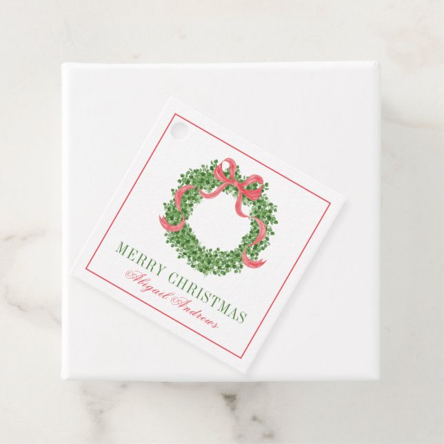 Red Bow Christmas Boxwood Wreath Geschenkanhänger (Beispiel)