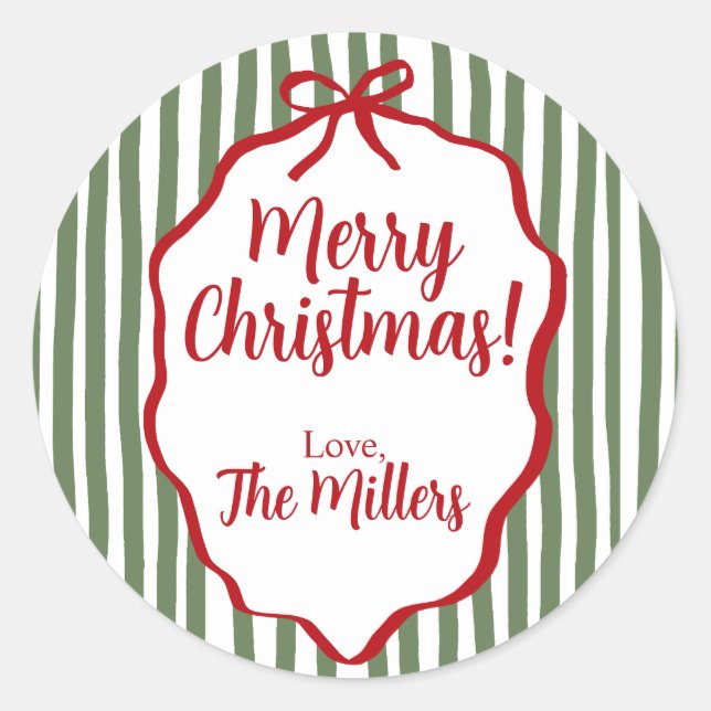 Red Bow Christmas, Green Stripe Custom Runder Aufkleber (Vorderseite)