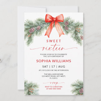 Red Bow Christmas Sweet 16 Birthday Invitation Einladung