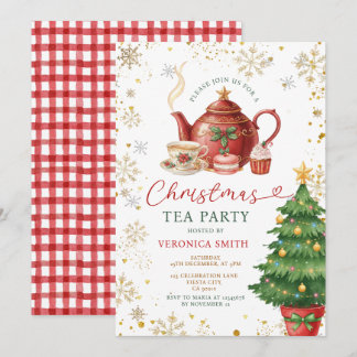 Red Bow Christmas Tea Adult Birthday Party Floral Einladung