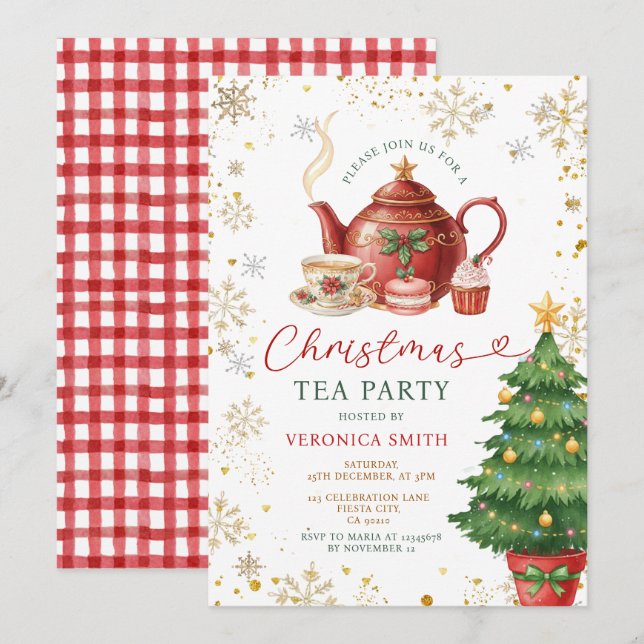 Red Bow Christmas Tea Adult Birthday Party Floral Einladung (Vorne/Hinten)