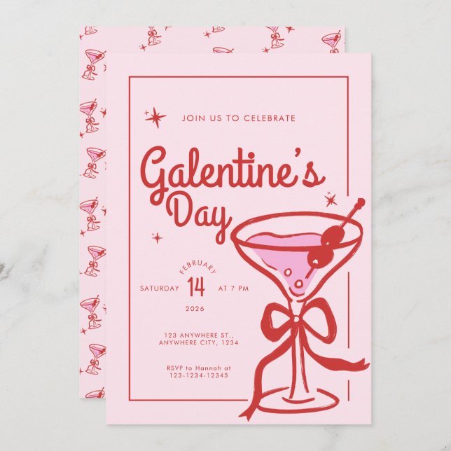 Red Bow Cocktail Galentine's Day Einladung (Vorne/Hinten)