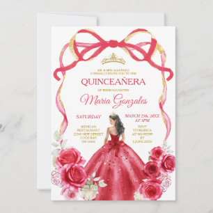 Red Bow Frame Princess Gold Crown Girl Quinceañera Einladung